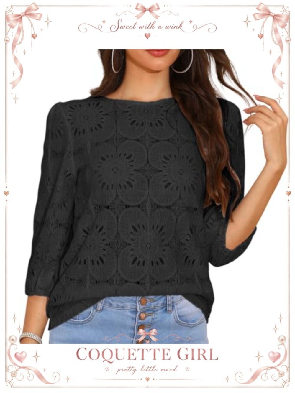 Boho Eyelet Lace Crochet Blouse 3/4 Sleeve Puff Sleeve Dressy Casual Top